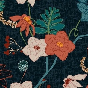 Medium - Vintage Peony Garden - Linen Textured - Navy Blue