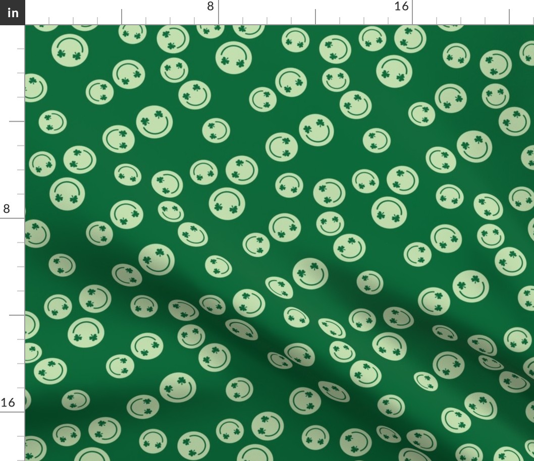 Happy St. Patrick's Day Smileys with shamrock eyes - cute nineties retro irish themed holiday design mint on pine green 