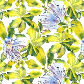 Romantic Botanical Exotic Pattern with Green Leaves and Blue Flowers.
