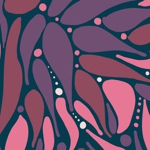 Moody abstract non directional florals in pink, red and purple on a deep blue background