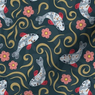 Swimming Koi fishes and aquatic flowers - japanese carps in wavy water pond - dark blue background