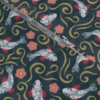 Swimming Koi fishes and aquatic flowers - japanese carps in wavy water pond - dark blue background