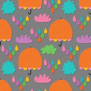 Orange Umbrella, Colorful Rainy Day on Gray, 12-inch repeat
