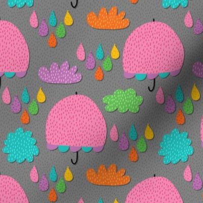 Pink Umbrella, Colorful Rainy Day on Gray, 6-inch repeat