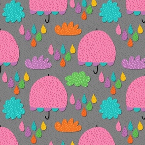 Pink Umbrella, Colorful Rainy Day on Gray, 12-inch repeat