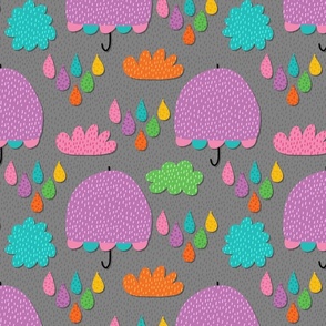 Purple Umbrella, Colorful Rainy Day on Gray,  12-inch repeat