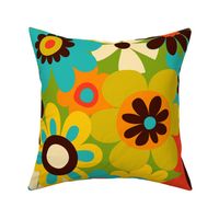Retro Psychedelic Flowers - mustard and turquoise - fun retro pattern by Cecca Designs Large scale