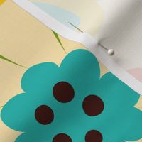 Retro Psychedelic Flowers - mustard and turquoise - fun retro pattern by Cecca Designs Large scale