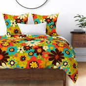 Retro Psychedelic Flowers - mustard and turquoise - fun retro pattern by Cecca Designs Large scale