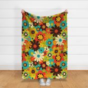 Retro Psychedelic Flowers - mustard and turquoise - fun retro pattern by Cecca Designs Large scale