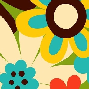 Retro Psychedelic Flowers - mustard and turquoise - fun retro pattern by Cecca Designs Large scale