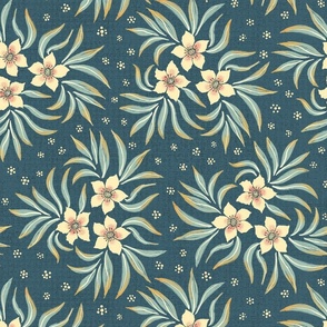 Vanilla cream colored flowers on moody medium-dark muted blue wallpaper - large scale