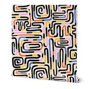 Playful Hand Drawn Line Maze/ Non-Directional Abstract Contemporary Pattern / White Background / Black White Blue Red Pink Yellow - Large