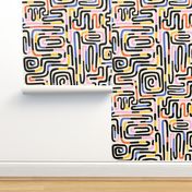Playful Hand Drawn Line Maze/ Non-Directional Abstract Contemporary Pattern / White Background / Black White Blue Red Pink Yellow - Large