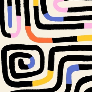 Playful Hand Drawn Line Maze/ Non-Directional Abstract Contemporary Pattern / White Background / Black White Blue Red Pink Yellow - Large