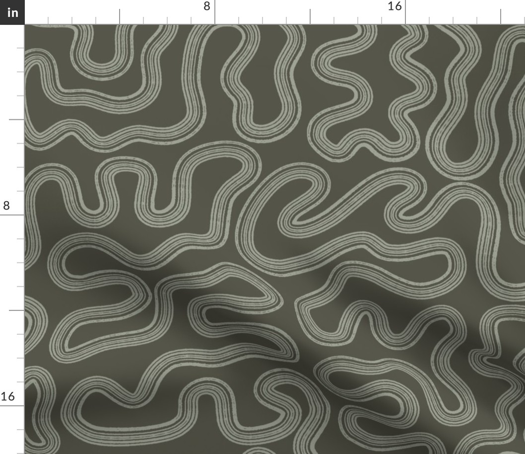 Curvy Lines {Sage Green // Olive // Camouflage} Abstract Squiggles Jumbo Scale 24x24 Non Directional