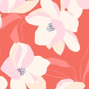 Magnolia Flowers Hand Drawn Coral Ivory Wallpaper // Large //