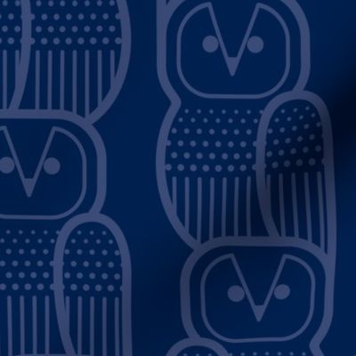 Wide Awake Owls- Midcentury Geometric-  Navy Blue Owl on Indigo Blue - Pattern Clash- Kids Wallpaper- Novelty Gender Neutral Playroom- Birds of Prey- Medium