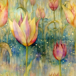 Dreamy Tulips, Pink and Yellow Tulip Flowers and Buds