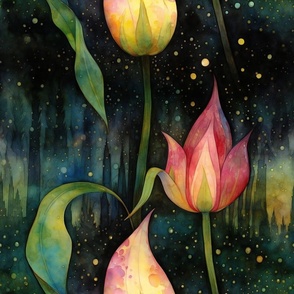 Dreamy Tulips, Pink and Yellow Tulip Flowers at Night