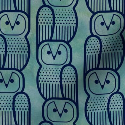 Wide Awake Owls- Midcentury Geometric-  Navy Blue Owl onTeal Green - Pattern Clash- Kids Wallpaper- Novelty Gender Neutral Playroom- Indigo Blue Birds of Prey on Turquoise- Small