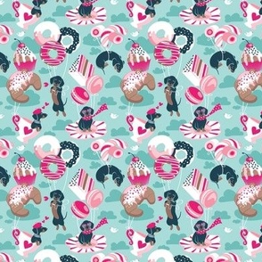 Micro scale // Pastel café sweet love dream // aqua background fuchsia pink pastry details blue dachshund dog puppies