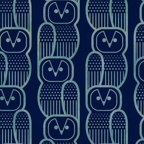 Wide Awake Owls- Midcentury Geometric Teal Green Owl on Navy Blue- Pattern Clash- Kids Wallpaper- Novelty Gender Neutral Playroom- Turquoise Blue Birds of Prey on Indigo Blue- Large