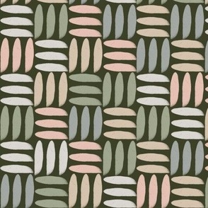 Small | Geometric Hand-Drawn Stripped Checkerboard with Forest Green, Pastel Pink, Mint Green, Pale Blue, Taupe Grey, Sand Beige Checkered Check Stripes on Charcoal Black for Scandinavian Garden Upholstery, Kids Wallpaper, Abstract Napkins & Retro Home Dé