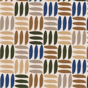 Small | Geometric Hand-Drawn Stripped Checkerboard with Cobalt Blue, Caramel Brown, Forest Green, Sand Beige, Taupe Grey Checkered Check Stripes on Ecru Eggshell Off-white for Scandinavian Garden Upholstery, Kids Wallpaper, Napkins & Retro Home Décor 