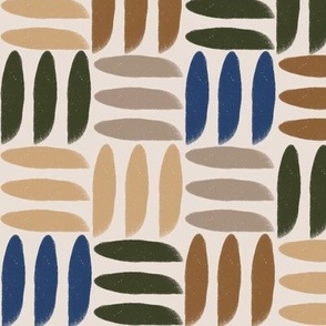 Geometric Hand-Drawn Stripped Checkerboard with Cobalt Blue, Caramel Brown, Forest Green, Sand Beige, Taupe Grey Checkered Check Stripes on Ecru Eggshell Off-white for Scandinavian Garden Upholstery, Kids Wallpaper, Napkins & Retro Home Décor 