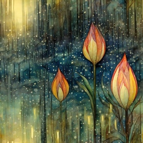 Dreamy Tulips, Tulip Flowers in Evening Snowfall