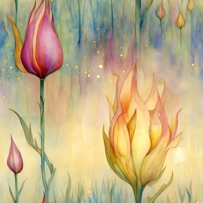 Dreamy Tulips, Pink and Yellow Fiery Tulip Flowers