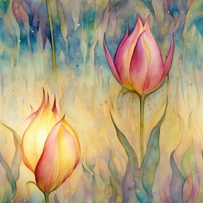 Dreamy Tulips, Soft Pink and Yellow Glowing Tulip Flowers