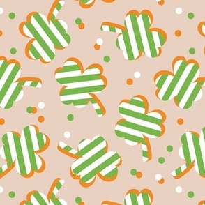 Little striped shamrock sticker style design - retro Irish clover and confetti  for St. Patrick's Day apple green white orange on tan 