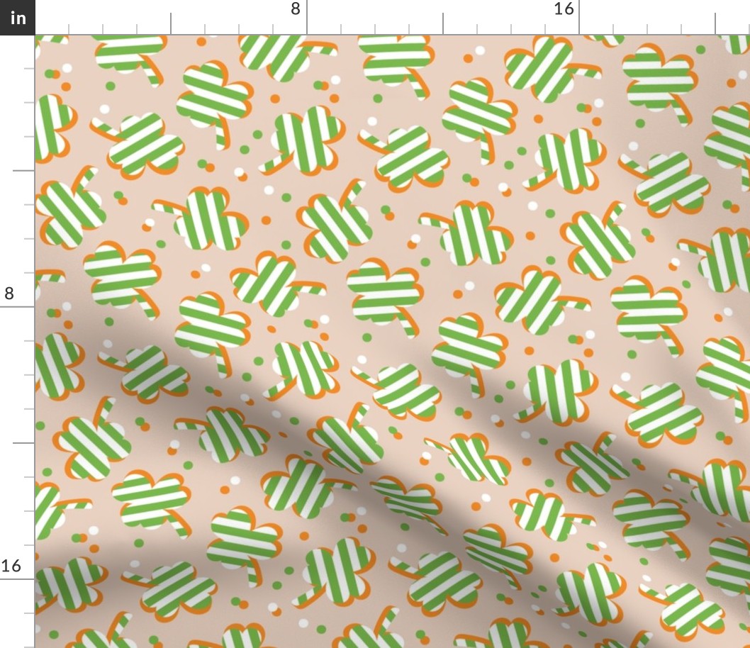 Little striped shamrock sticker style design - retro Irish clover and confetti  for St. Patrick's Day apple green white orange on tan 