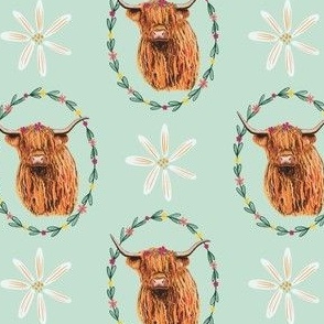 Highland Cows in Flower crowns in Mint