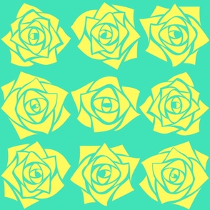 L Grid Roses – Silhouette Pastel Yellow Rose (Soft Yellow) on Mint Green (Pastel Green) - Check Square - Mid Century Modern inspired (MOD) - Modern Vintage - Minimal Florals - Geometric Floral