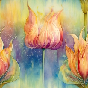 Dreamy Tulips, Flowing Orange Pink and Yellow Tulip Flowers
