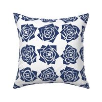 M Grid Roses – Silhouette Indigo Blue Rose (Dark Blue) on White - Check Square - Mid Century Modern inspired (MOD) - Modern Vintage - Minimal Florals - Geometric Floral