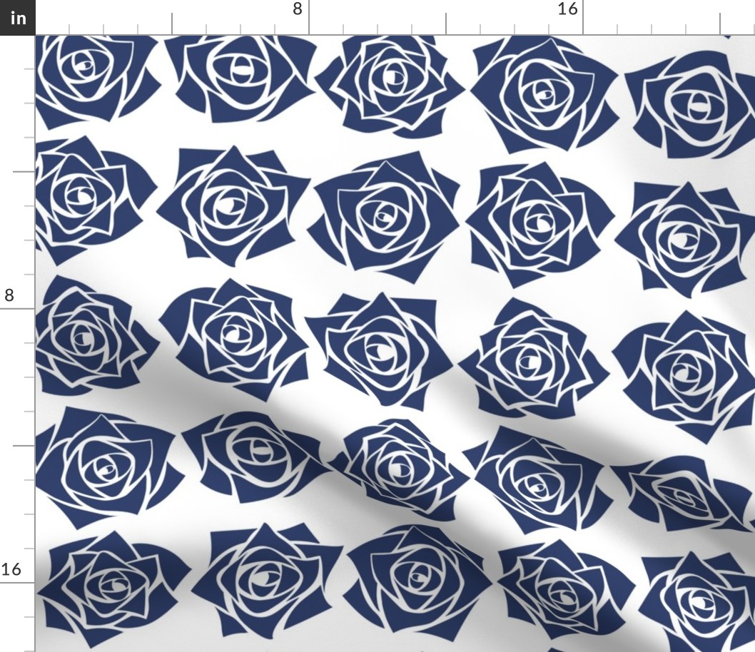 M Grid Roses – Silhouette Indigo Blue Rose (Dark Blue) on White - Check Square - Mid Century Modern inspired (MOD) - Modern Vintage - Minimal Florals - Geometric Floral