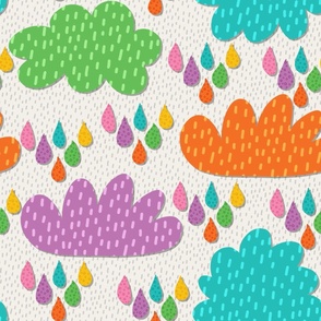 Clouds and Raindrops, Colorful Rainy Day on Cream, 24-inch repeat