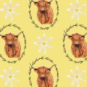 Highland cows in flower crowns in yellow