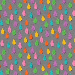 Colorful Raindrops, Rainy Day on Gray, 12-inch repeat