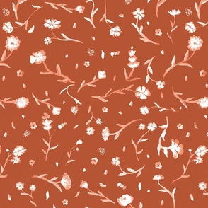 Terracotta Orange with White Ghost Watercolor Ditsy Flowers Floral Graphic Pattern Print