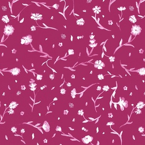 Berry Pink with White Ghost Watercolor Ditsy Flowers Floral Graphic Pattern Print