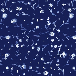 Navy  with White Ghost Watercolor Ditsy Flowers Floral Graphic Pattern Print