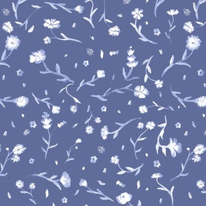 Periwinkle Indigo-Blue with White Ghost Watercolor Ditsy Flowers Floral Graphic Pattern Print