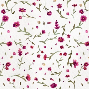 Berry Pink Watercolor Ditsy Flowers on Textured White Floral Graphic Pattern Print