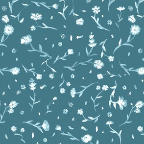 Teal Turquoise with White Ghost Watercolor Ditsy Flowers Floral Graphic Pattern Print