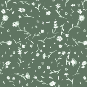 Sage Green with White Ghost Watercolor Ditsy Flowers Floral Graphic Pattern Print